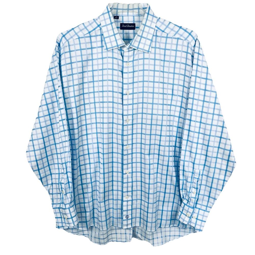 David Donahue Dress Shirt Men's 18 36/37 Blue White Plaid Business Career Office